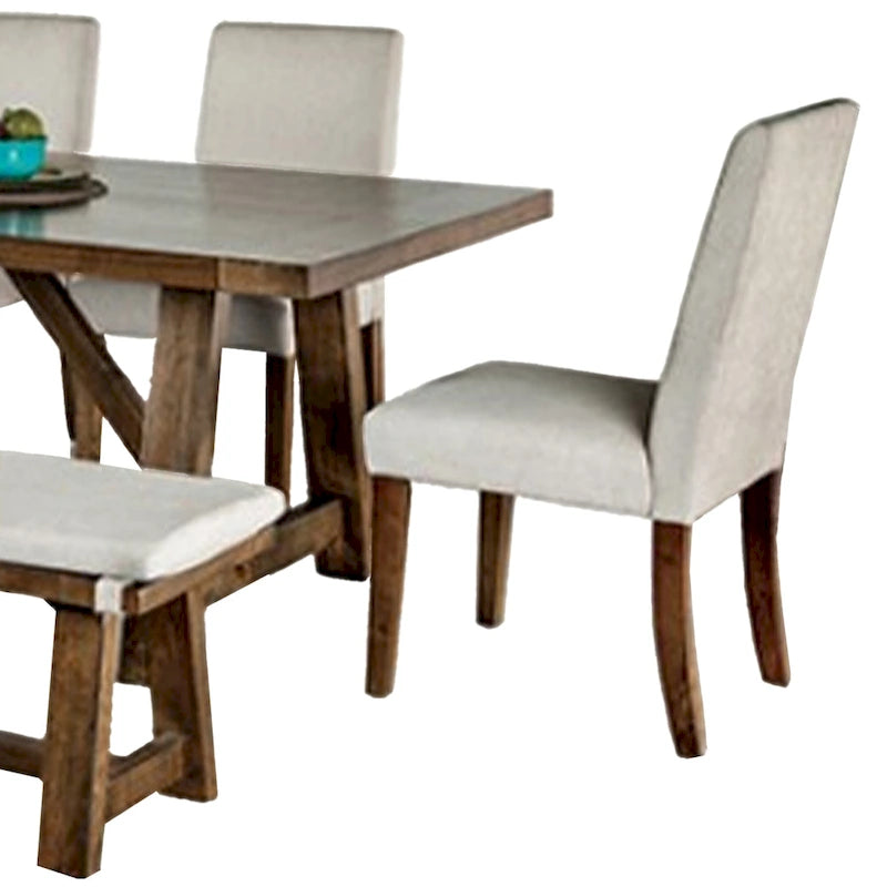Table à manger 7 pièces, chaises et banc avec assise blanche, rectangulaire marron