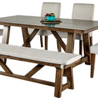 Table à manger 7 pièces, chaises et banc avec assise blanche, rectangulaire marron