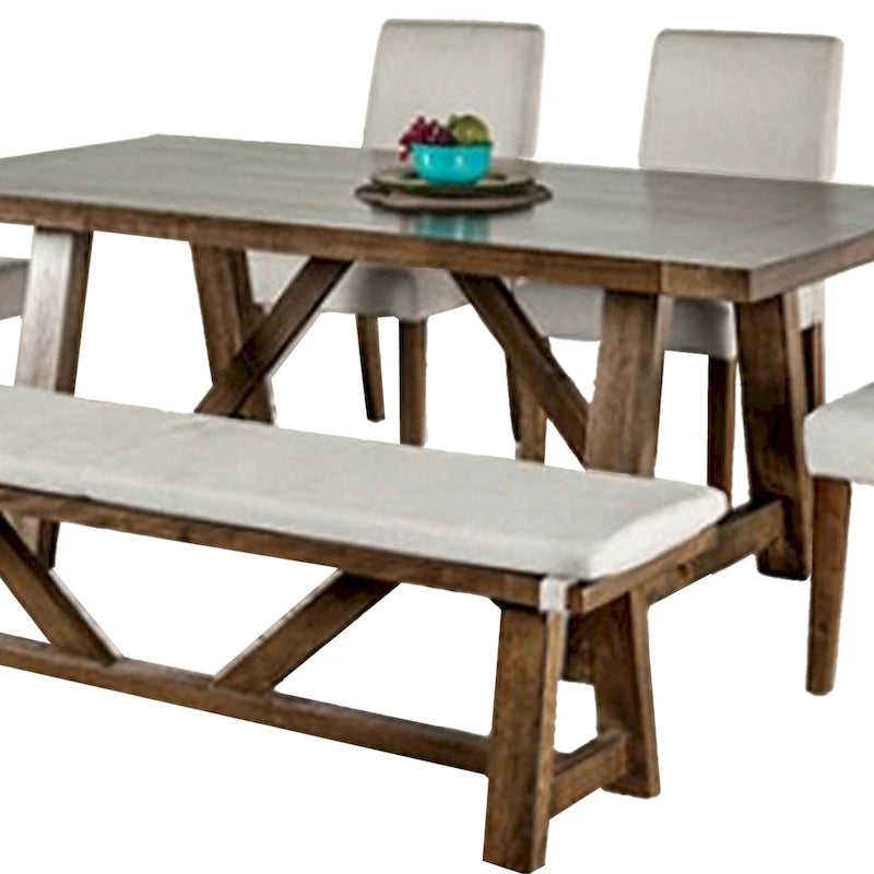 Table à manger 7 pièces, chaises et banc avec assise blanche, rectangulaire marron