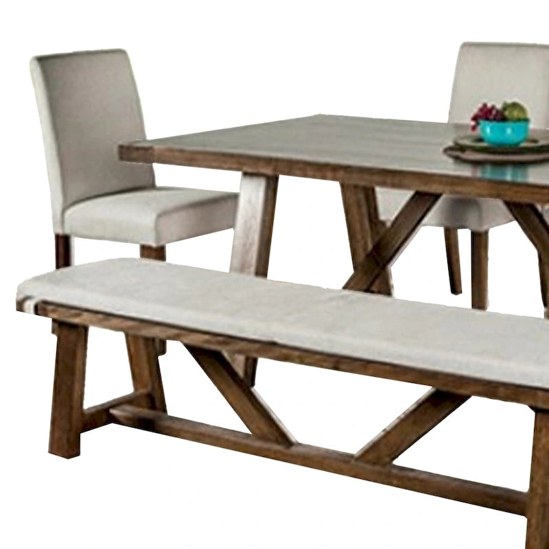 Table à manger 7 pièces, chaises et banc avec assise blanche, rectangulaire marron