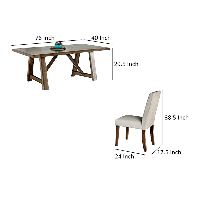 Table à manger 7 pièces, chaises et banc avec assise blanche, rectangulaire marron