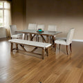 Table à manger 7 pièces, chaises et banc avec assise blanche, rectangulaire marron
