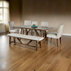 Table à manger 7 pièces, chaises et banc avec assise blanche, rectangulaire marron