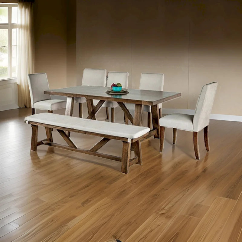 Table à manger 7 pièces, chaises et banc avec assise blanche, rectangulaire marron