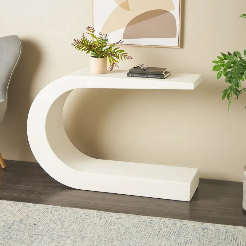 Console en bois en forme de C - Blanc - Décor Roche River - 12L x 44P x 25H