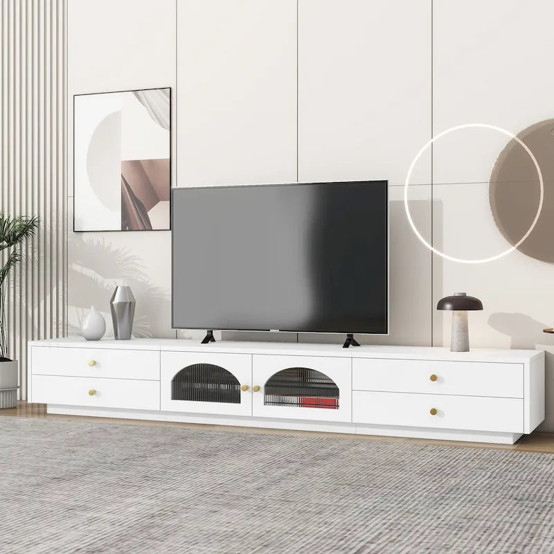 Meuble TV luxueux de 86 pouces avec portes en verre cannelé et quatre tiroirs - 15,70 x 86,60 x 12,80