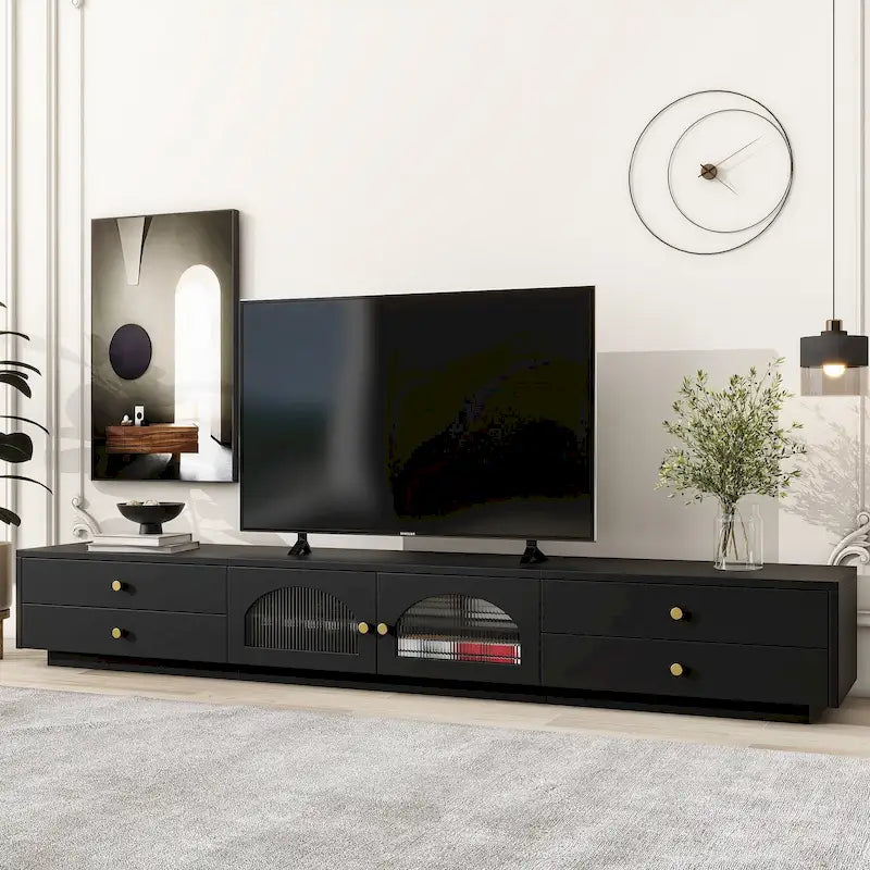 Meuble TV luxueux de 86 pouces avec portes en verre cannelé et quatre tiroirs - 15,70 x 86,60 x 12,80