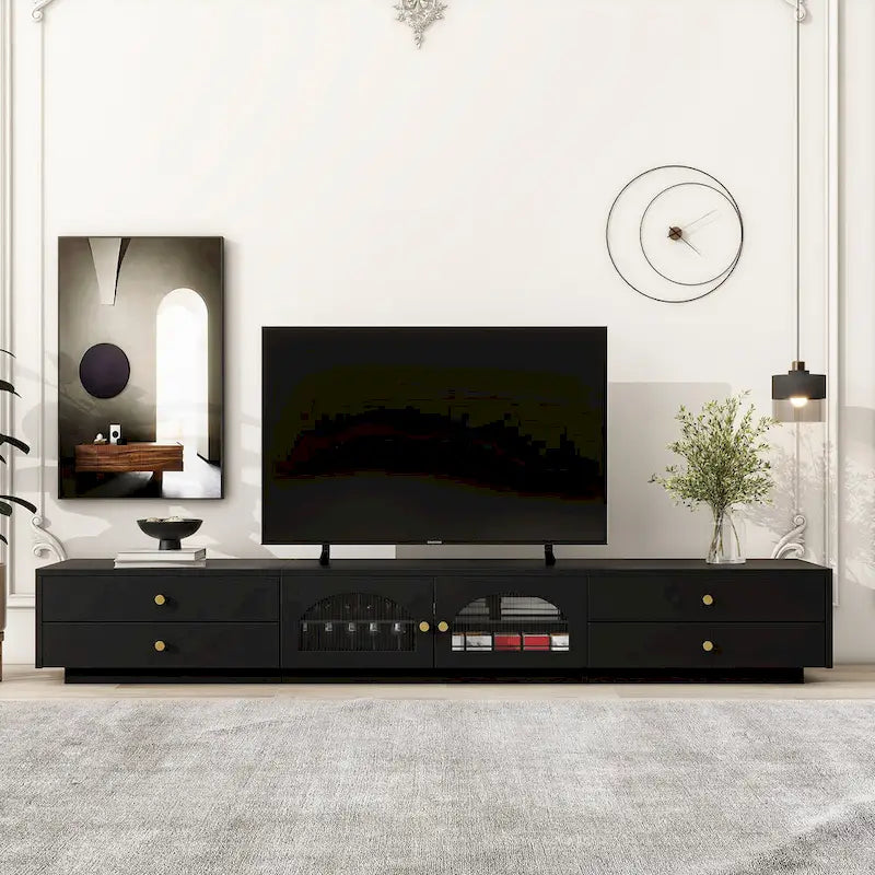 Meuble TV luxueux de 86 pouces avec portes en verre cannelé et quatre tiroirs - 15,70 x 86,60 x 12,80