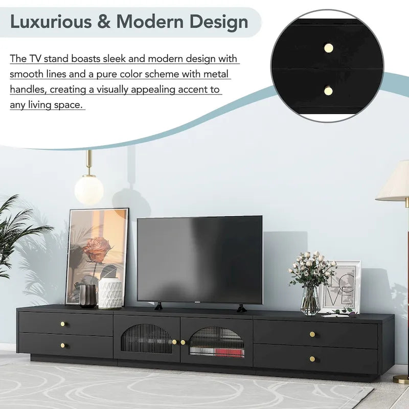 Meuble TV luxueux de 86 pouces avec portes en verre cannelé et quatre tiroirs - 15,70 x 86,60 x 12,80