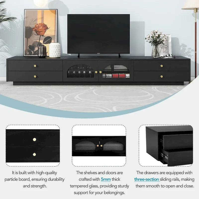 Meuble TV luxueux de 86 pouces avec portes en verre cannelé et quatre tiroirs - 15,70 x 86,60 x 12,80