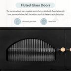 Meuble TV luxueux de 86 pouces avec portes en verre cannelé et quatre tiroirs - 15,70 x 86,60 x 12,80