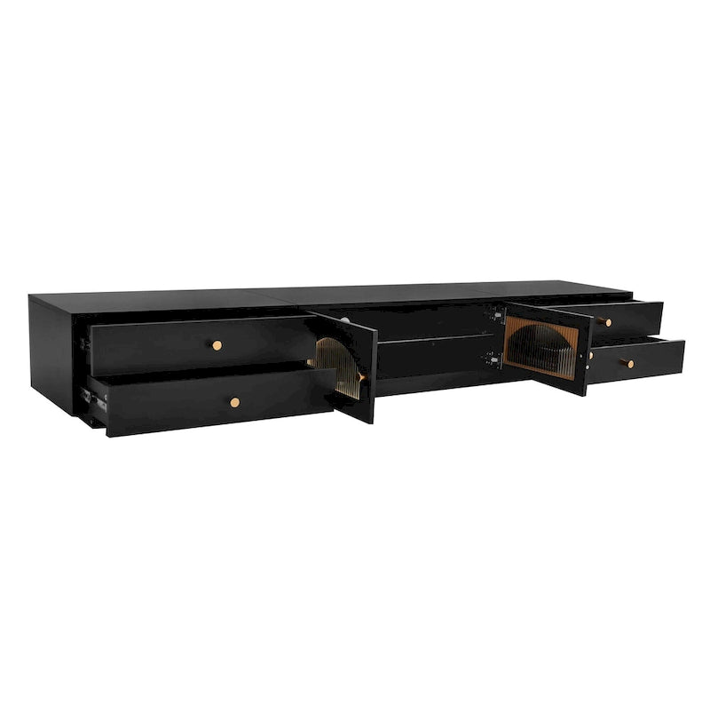 Meuble TV luxueux de 86 pouces avec portes en verre cannelé et quatre tiroirs - 15,70 x 86,60 x 12,80