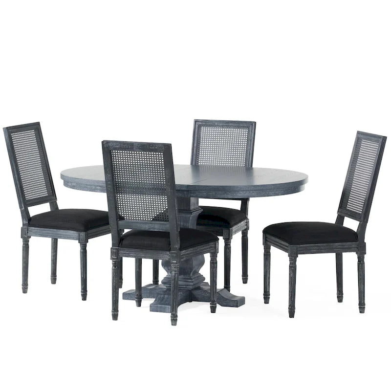 Ensemble table et chaises de salle à manger en bois et rotin