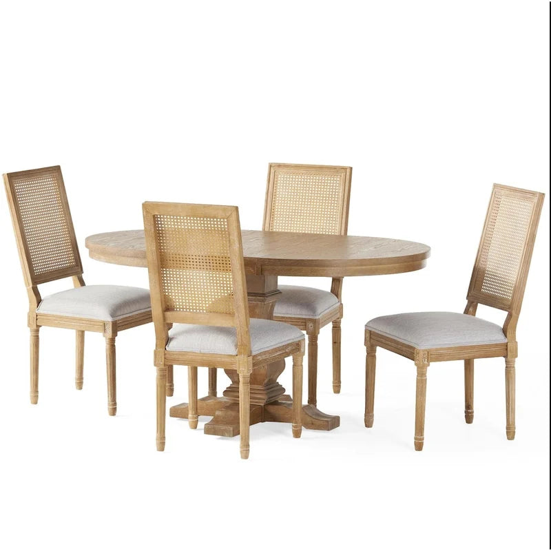 Ensemble table et chaises de salle à manger en bois et rotin