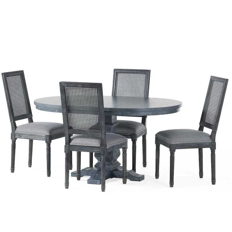 Ensemble table et chaises de salle à manger en bois et rotin