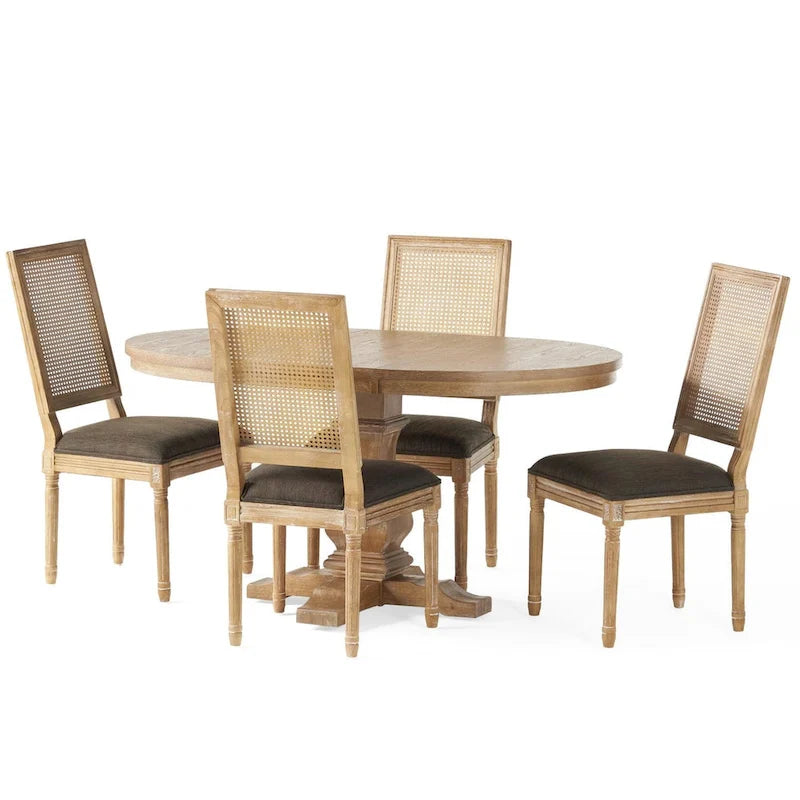 Ensemble table et chaises de salle à manger en bois et rotin