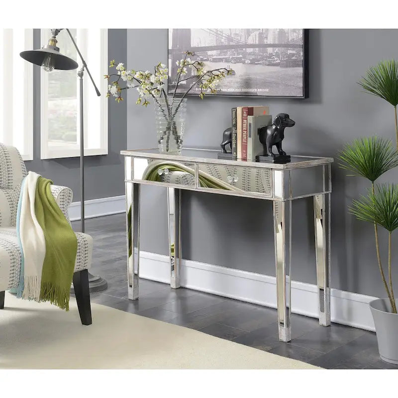 Bureau et console à 2 tiroirs miroirs dorés