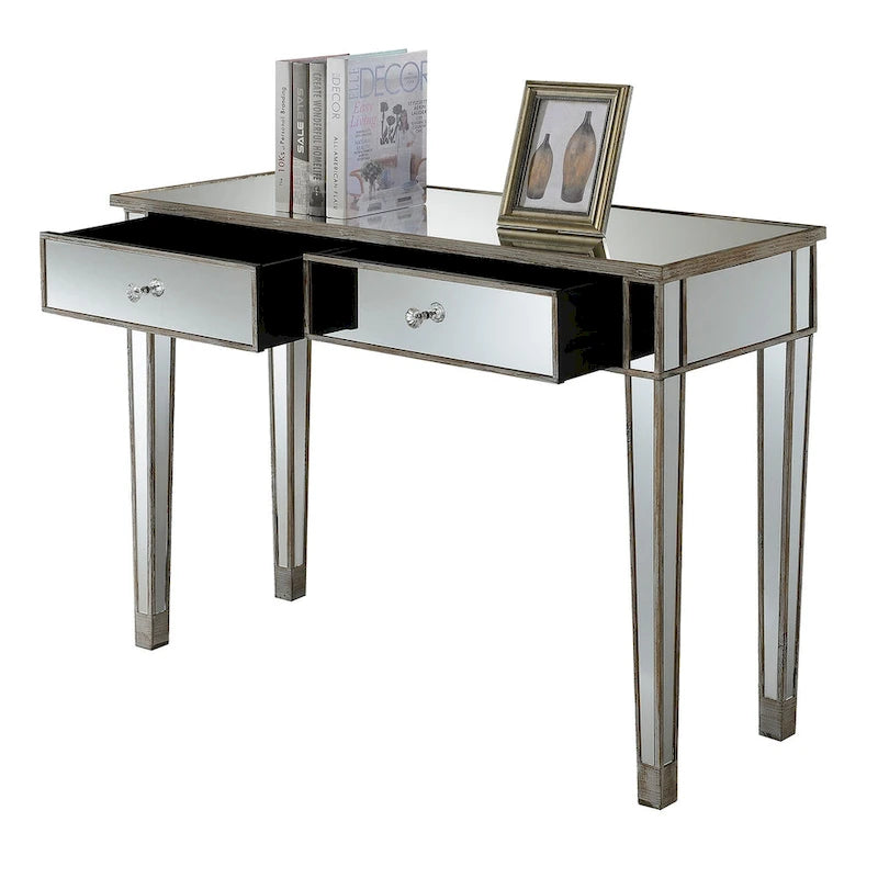 Bureau et console à 2 tiroirs miroirs dorés