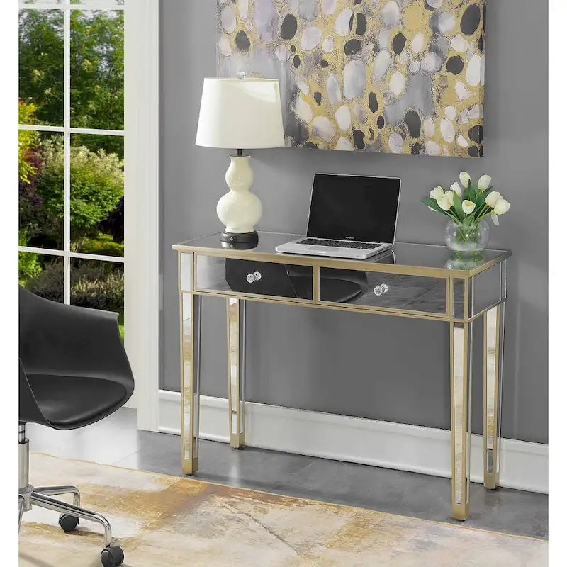 Bureau et console à 2 tiroirs miroirs dorés