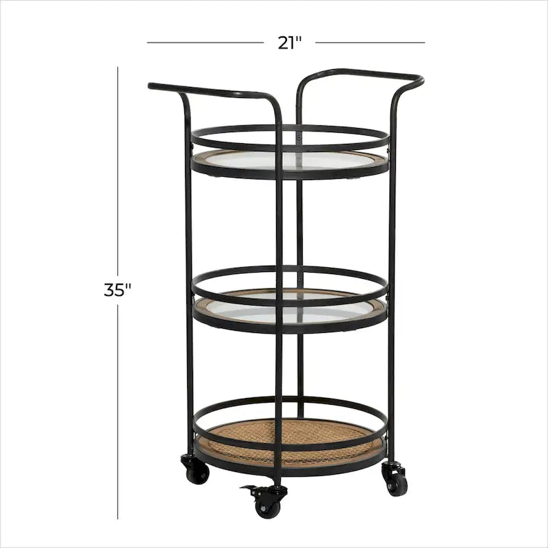 Chariot de bar en métal et rotin avec étagères en verre et poignées - Marron
