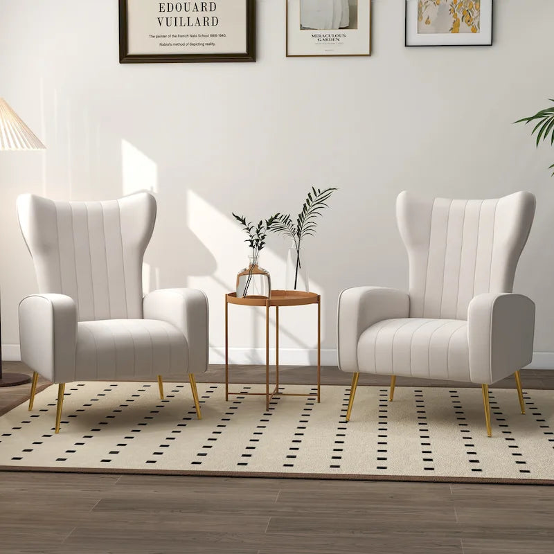 Fauteuil d'appoint dossier haut en velours avec pieds en métal pour salon