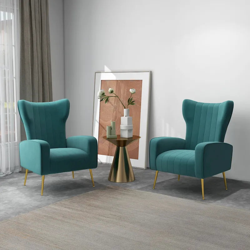 Fauteuil d'appoint dossier haut en velours avec pieds en métal pour salon