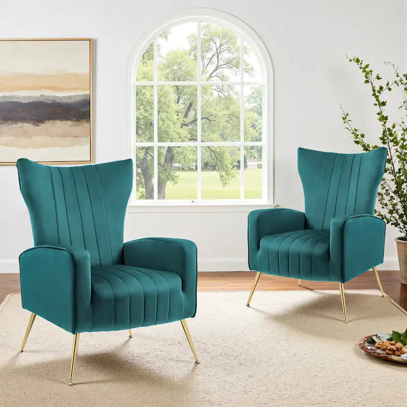 Fauteuil d'appoint dossier haut en velours avec pieds en métal pour salon