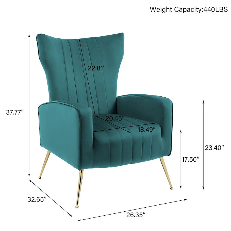 Fauteuil d'appoint dossier haut en velours avec pieds en métal pour salon