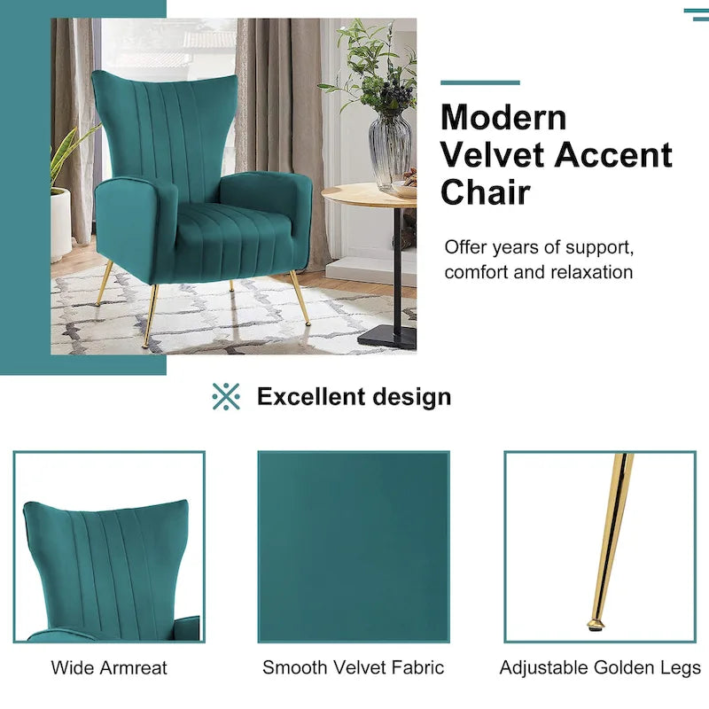 Fauteuil d'appoint dossier haut en velours avec pieds en métal pour salon