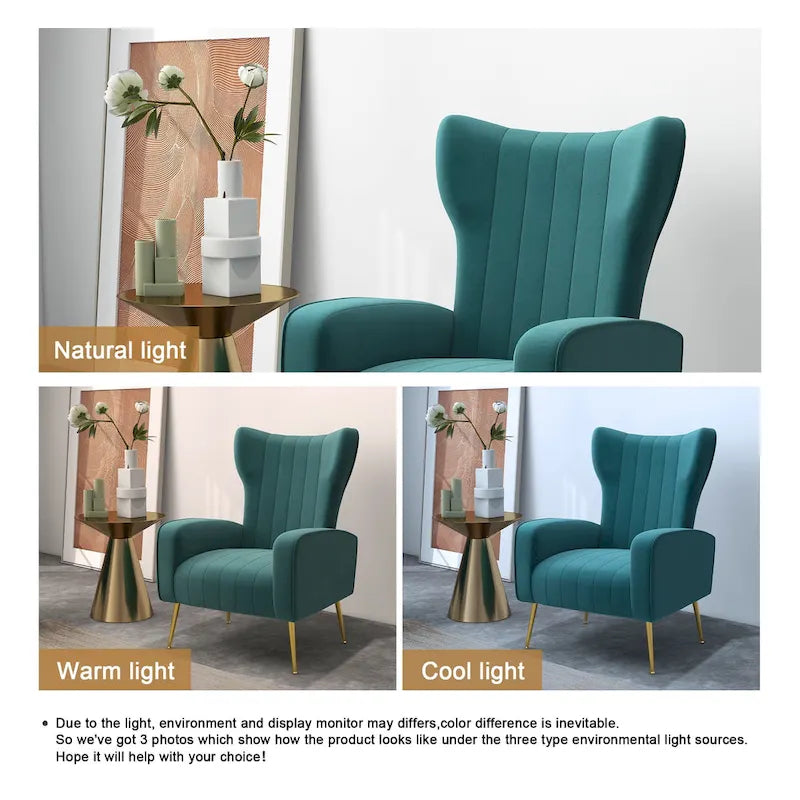 Fauteuil d'appoint dossier haut en velours avec pieds en métal pour salon