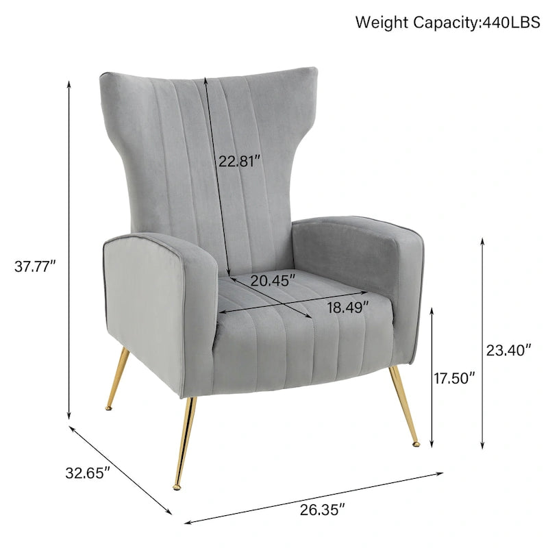 Fauteuil d'appoint dossier haut en velours avec pieds en métal pour salon
