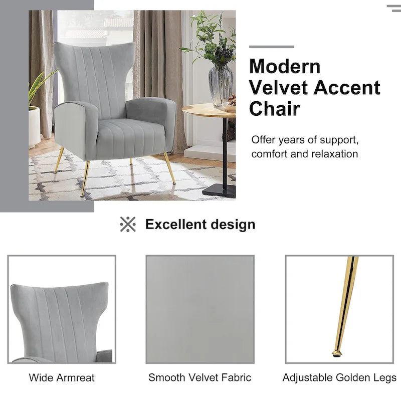 Fauteuil d'appoint dossier haut en velours avec pieds en métal pour salon