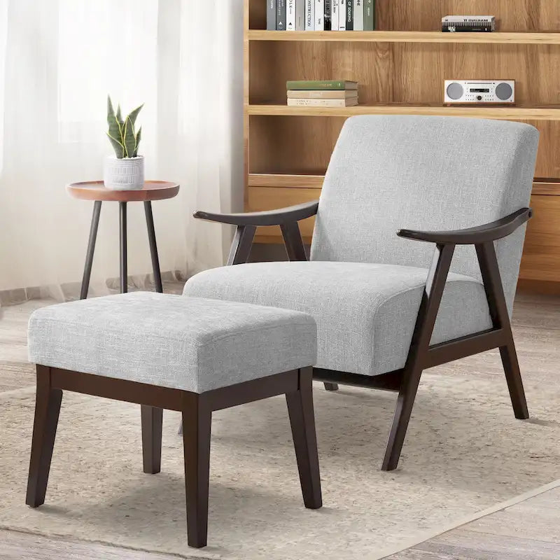 Fauteuil et repose-pieds en tissu bouclé de style Mid-Century Modern pour salon, chambre à coucher