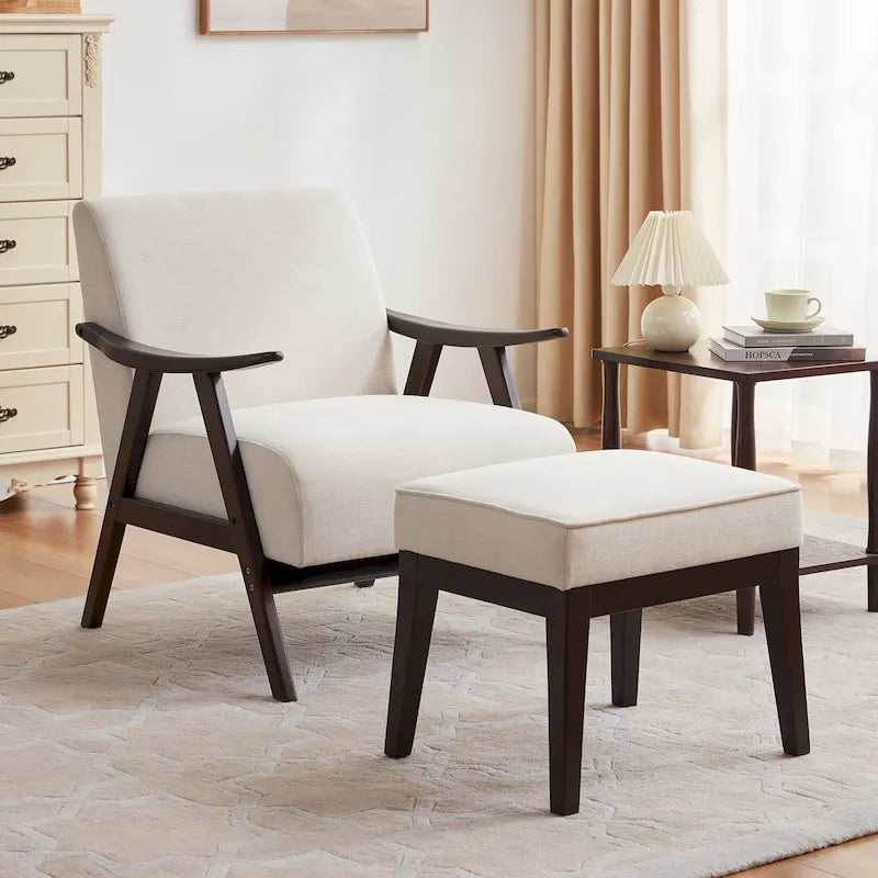 Fauteuil et repose-pieds en tissu bouclé de style Mid-Century Modern pour salon, chambre à coucher