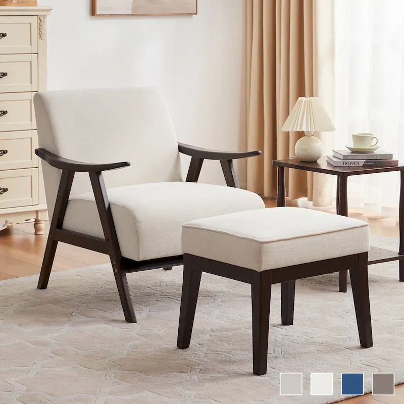 Fauteuil et repose-pieds en tissu bouclé de style Mid-Century Modern pour salon, chambre à coucher