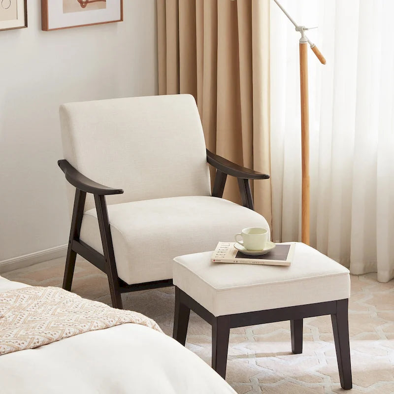 Fauteuil et repose-pieds en tissu bouclé de style Mid-Century Modern pour salon, chambre à coucher