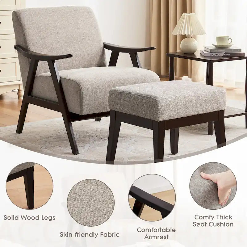Fauteuil et repose-pieds en tissu bouclé de style Mid-Century Modern pour salon, chambre à coucher