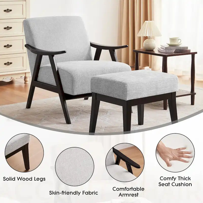 Fauteuil et repose-pieds en tissu bouclé de style Mid-Century Modern pour salon, chambre à coucher