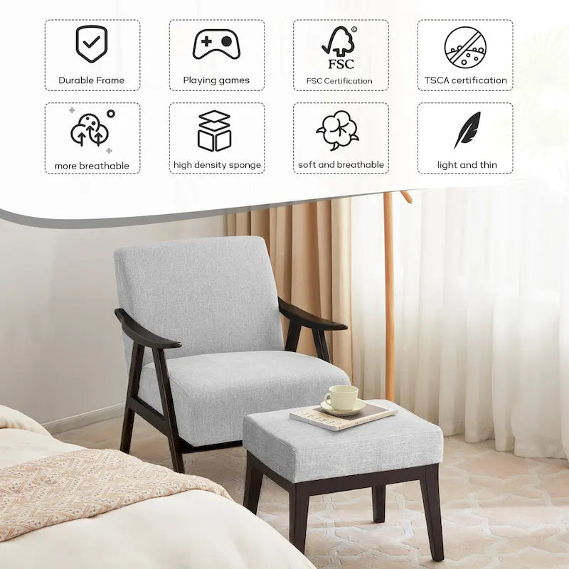 Fauteuil et repose-pieds en tissu bouclé de style Mid-Century Modern pour salon, chambre à coucher