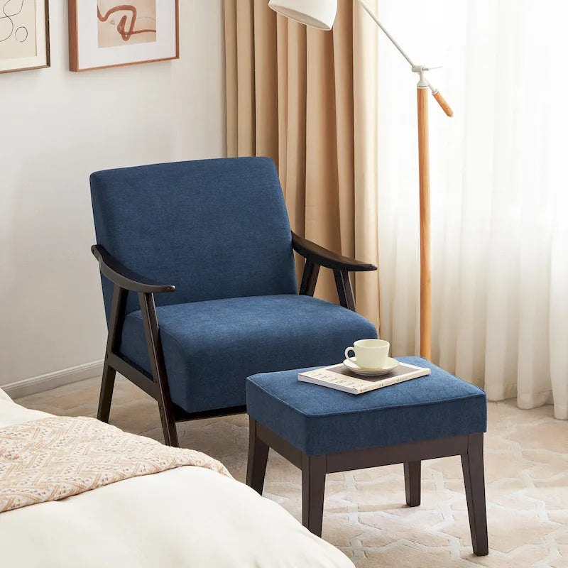 Fauteuil et repose-pieds en tissu bouclé de style Mid-Century Modern pour salon, chambre à coucher