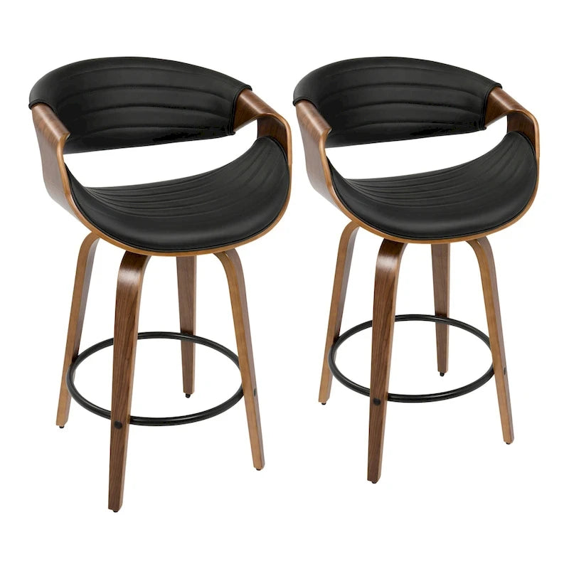 Tabouret de comptoir à hauteur fixe de 66 cm avec pieds en bois courbé et repose-pieds rond