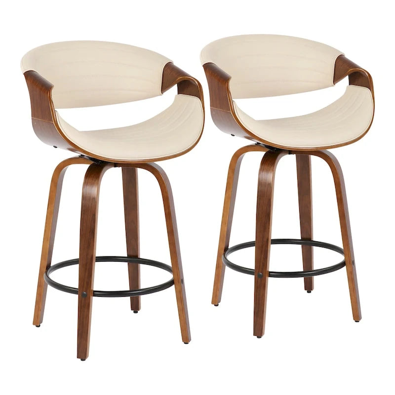 Tabouret de comptoir à hauteur fixe de 66 cm avec pieds en bois courbé et repose-pieds rond