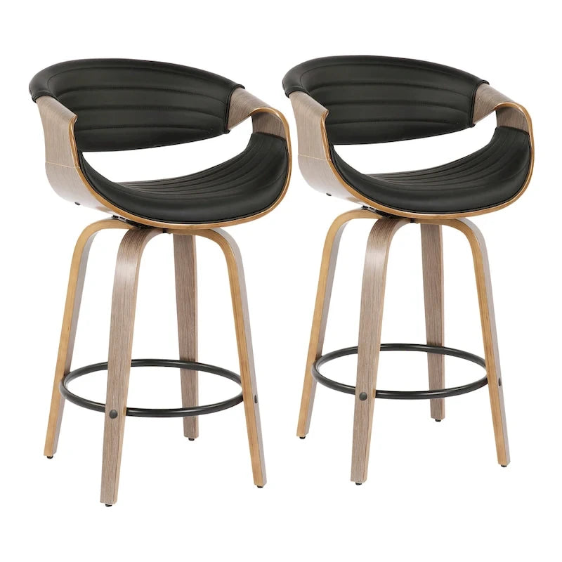 Tabouret de comptoir à hauteur fixe de 66 cm avec pieds en bois courbé et repose-pieds rond