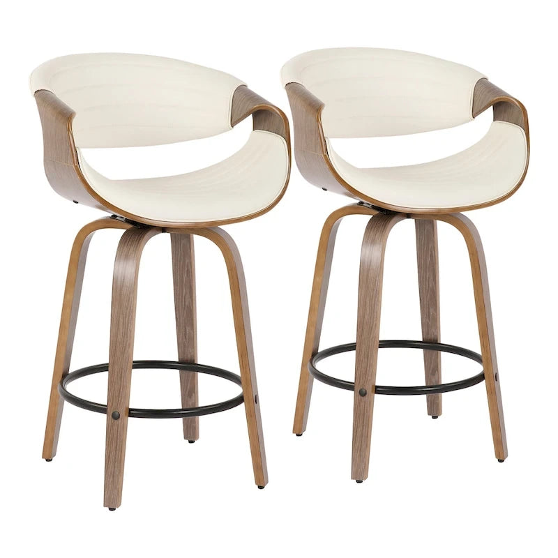 Tabouret de comptoir à hauteur fixe de 66 cm avec pieds en bois courbé et repose-pieds rond