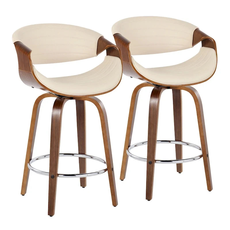 Tabouret de comptoir à hauteur fixe de 66 cm avec pieds en bois courbé et repose-pieds rond