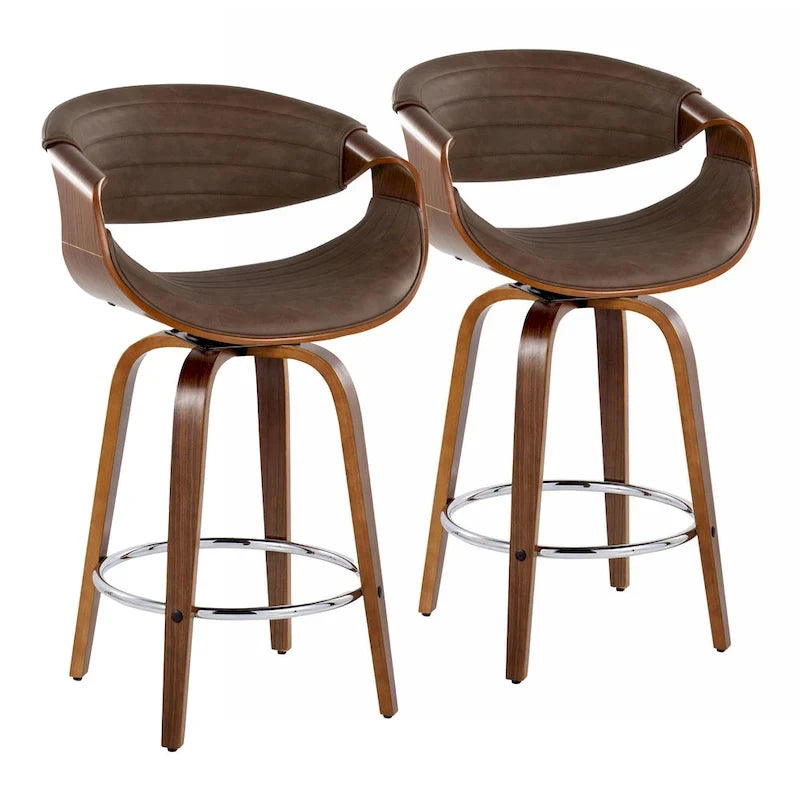 Tabouret de comptoir à hauteur fixe de 66 cm avec pieds en bois courbé et repose-pieds rond