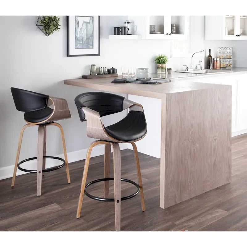 Tabouret de comptoir à hauteur fixe de 66 cm avec pieds en bois courbé et repose-pieds rond