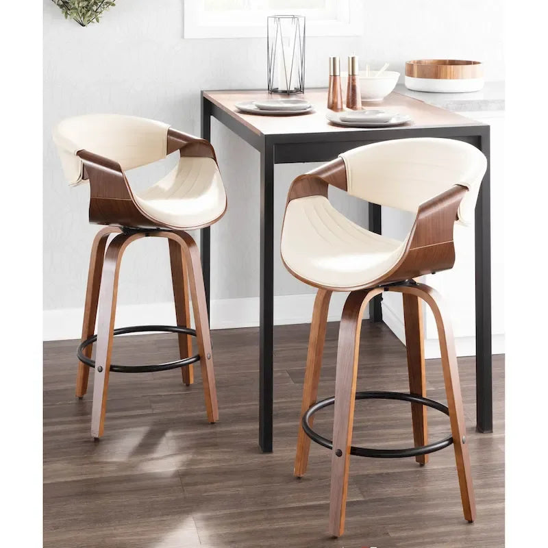 Tabouret de comptoir à hauteur fixe de 66 cm avec pieds en bois courbé et repose-pieds rond