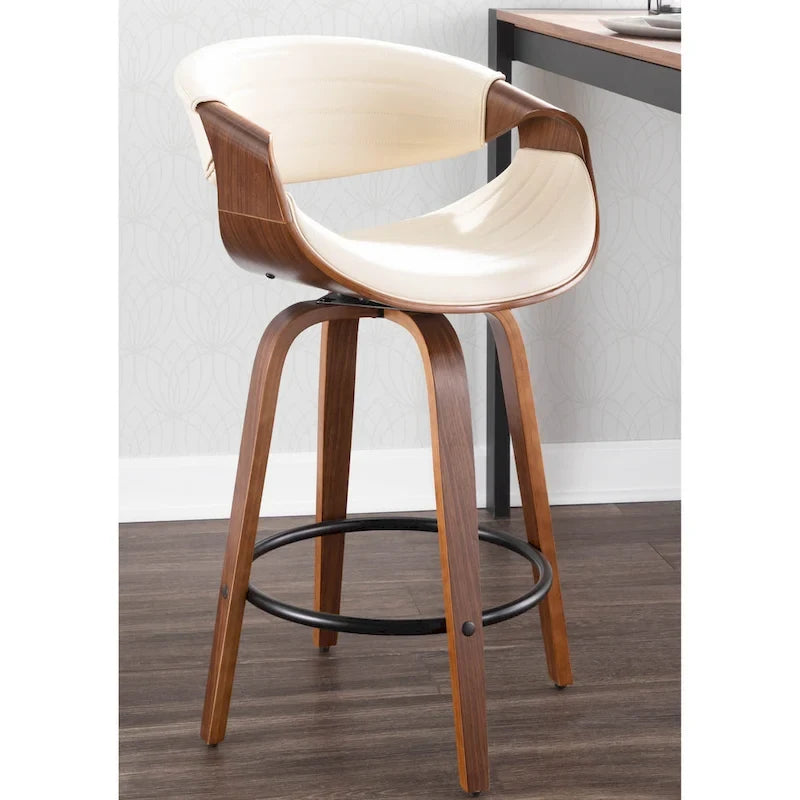 Tabouret de comptoir à hauteur fixe de 66 cm avec pieds en bois courbé et repose-pieds rond