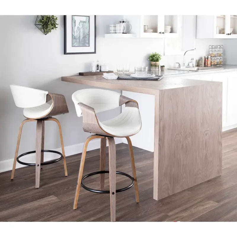 Tabouret de comptoir à hauteur fixe de 66 cm avec pieds en bois courbé et repose-pieds rond